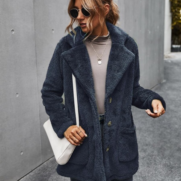 black comfy button pocket teddy trench  jacket - Picture 6 of 11